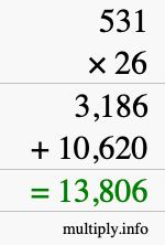 How to calculate 531 times 26 using long multiplication