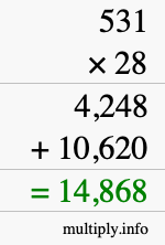 How to calculate 531 times 28 using long multiplication How to calculate 531 times 28 using long multiplication