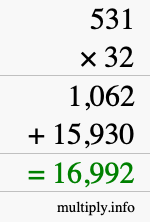 How to calculate 531 times 32 using long multiplication