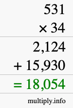 How to calculate 531 times 34 using long multiplication