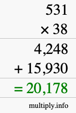 How to calculate 531 times 38 using long multiplication