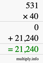 How to calculate 531 times 40 using long multiplication