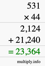 How to calculate 531 times 44 using long multiplication