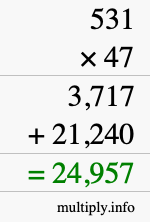 How to calculate 531 times 47 using long multiplication