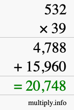 How to calculate 532 times 39 using long multiplication