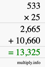 How to calculate 533 times 25 using long multiplication