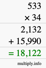 How to calculate 533 times 34 using long multiplication
