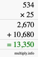 How to calculate 534 times 25 using long multiplication
