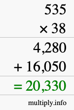 How to calculate 535 times 38 using long multiplication