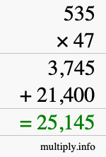 How to calculate 535 times 47 using long multiplication