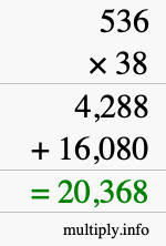 How to calculate 536 times 38 using long multiplication