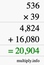How to calculate 536 times 39 using long multiplication