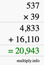 How to calculate 537 times 39 using long multiplication