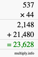 How to calculate 537 times 44 using long multiplication