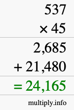 How to calculate 537 times 45 using long multiplication