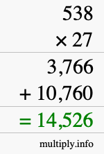 How to calculate 538 times 27 using long multiplication