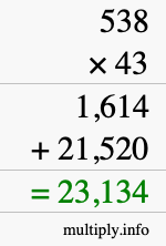 How to calculate 538 times 43 using long multiplication