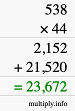 How to calculate 538 times 44 using long multiplication