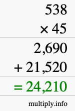 How to calculate 538 times 45 using long multiplication