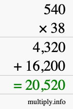 How to calculate 540 times 38 using long multiplication