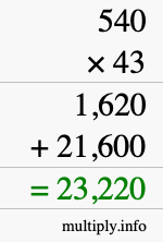 How to calculate 540 times 43 using long multiplication