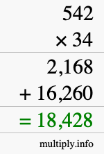 How to calculate 542 times 34 using long multiplication
