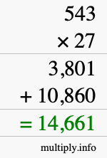 How to calculate 543 times 27 using long multiplication