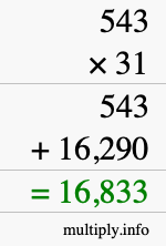 How to calculate 543 times 31 using long multiplication