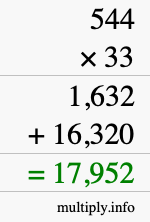 How to calculate 544 times 33 using long multiplication