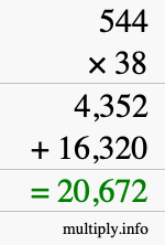 How to calculate 544 times 38 using long multiplication