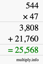 How to calculate 544 times 47 using long multiplication