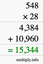 How to calculate 548 times 28 using long multiplication