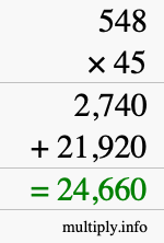 How to calculate 548 times 45 using long multiplication
