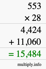 How to calculate 553 times 28 using long multiplication