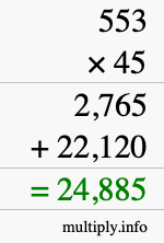 How to calculate 553 times 45 using long multiplication