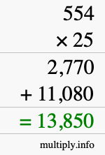 How to calculate 554 times 25 using long multiplication