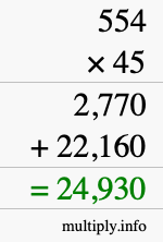 How to calculate 554 times 45 using long multiplication