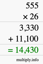 How to calculate 555 times 26 using long multiplication How to calculate 555 times 26 using long multiplication