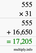 How to calculate 555 times 31 using long multiplication