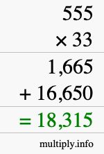 How to calculate 555 times 33 using long multiplication
