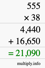 How to calculate 555 times 38 using long multiplication