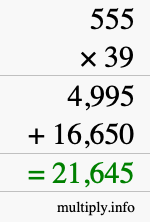 How to calculate 555 times 39 using long multiplication