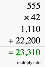How to calculate 555 times 42 using long multiplication