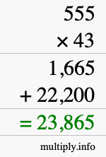 How to calculate 555 times 43 using long multiplication