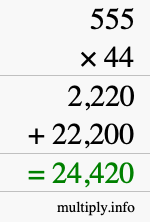 How to calculate 555 times 44 using long multiplication
