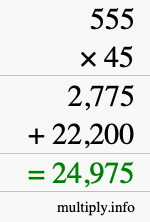 How to calculate 555 times 45 using long multiplication
