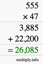How to calculate 555 times 47 using long multiplication