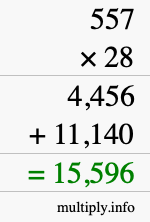 How to calculate 557 times 28 using long multiplication