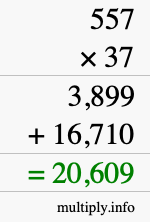 How to calculate 557 times 37 using long multiplication