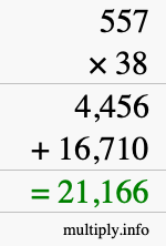 How to calculate 557 times 38 using long multiplication